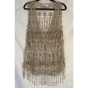 Ashlin Crochet Lace Fringe Vest Womens Boho Festival Kimono Beige